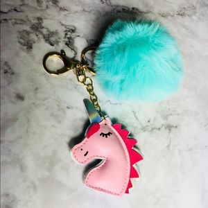 New! Unicorn Turquoise Faux Fur Pom Pom Keychain